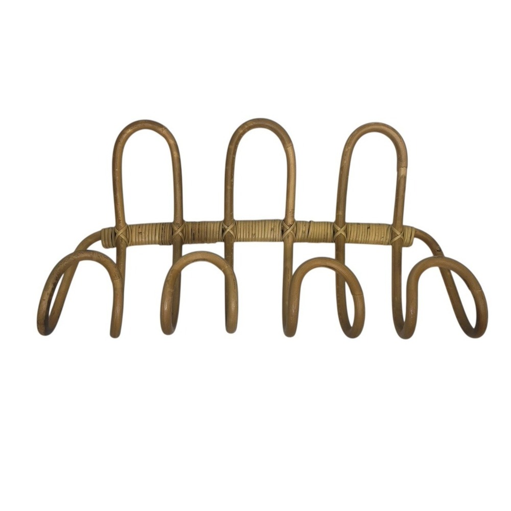 Rattan Coat Rack‎ Wall Mounted 4 Hooks Curved Multi Use Natural Lightweight Boho